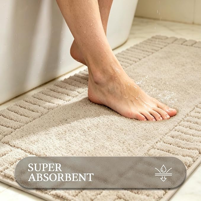 Pauwer Bathroom Rugs Sets 3 Piece, Microfiber Bath Mat Set, Light Beige | Non Slip Washable, Soft Plush, Extra Absorbent Bath Mats, U Shaped Contour Toilet Rug for Bathroom