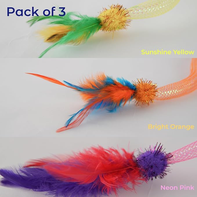 Cat Toys for Indoor Cats, Interactive Cat Wand Toy 3 Pack with Feathers, Mesh Tube, Bell & Pom Pom, Cat Teaser Wand, Cat Fishing Pole Toy for Kittens and Adult Cats