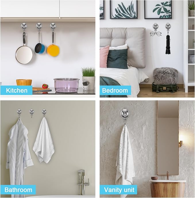 Heavy Duty Suction Cup Hooks for Shower Door Glass Window - Waterproof Vacuum Suction Wreath Hanger for Bathroom Kitchen Tile, No-Drill Reusable Towel Robe Loofah Hook, 2 Pack (Silver)
