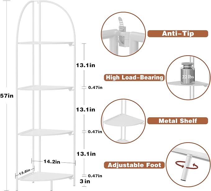 Crofy Foldable 4 Tier Corner Shelf, Metal Corner Plant Stand with White Frame and White Shelves, Corner Display Rack Multipurpose Shelving Unit for Living Room, Bedroom, Bathroom
