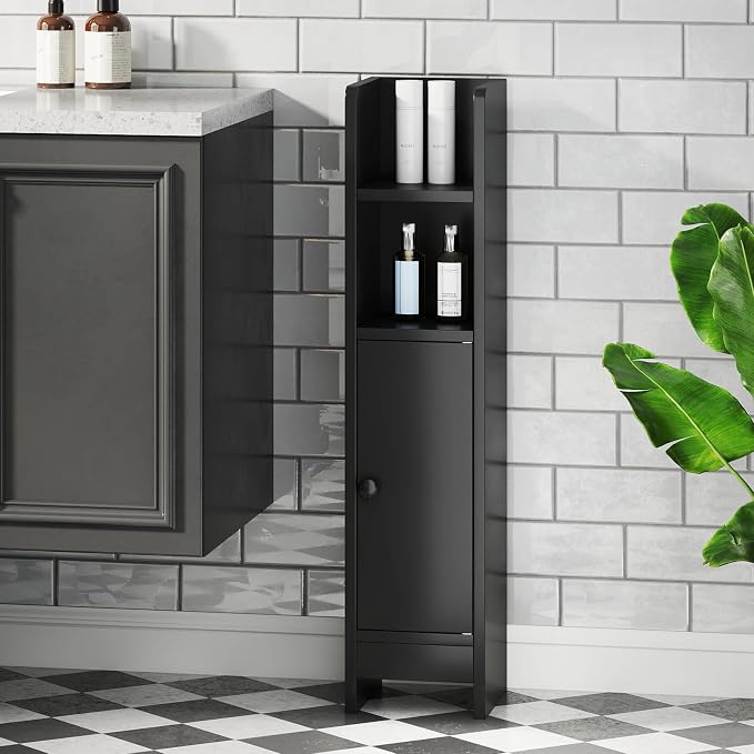 GIANTEX Bathroom Cabinet, Narrow Side Cabinet with Adjustable Shelf, Bathroom Cabinet, Space Saving, Storage Cabinet for Laundry Room, Living Room & Kitchen, 20 x 18 x 80 cm (Black)