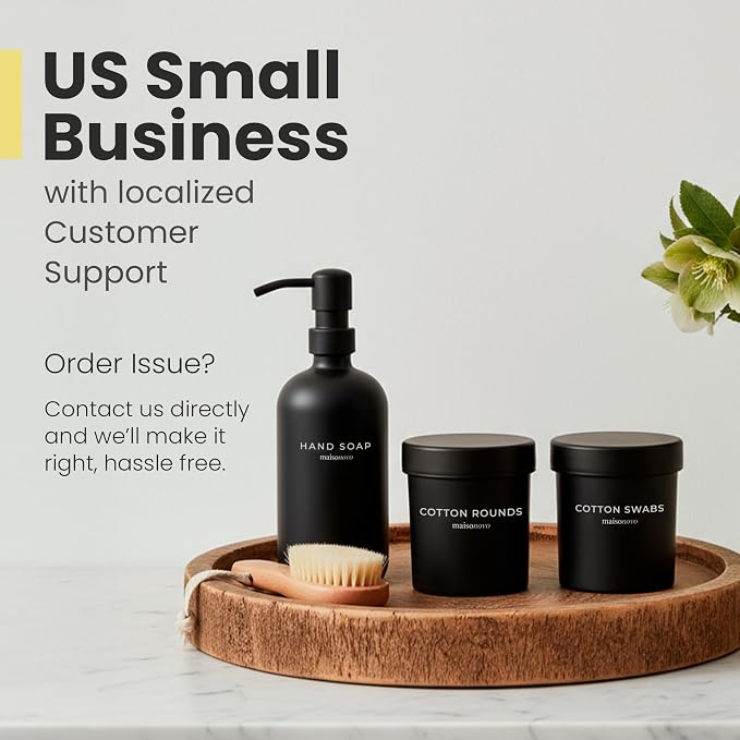 MaisoNovo Glass Bathroom Containers with Lids (Airtight) - Qtip Holder - Apothecary Jars for Cotton Rounds, Swabs, Balls, Pads - Black Q Tip Dispenser - 2 pcs Bathroom Canisters Set for Organization
