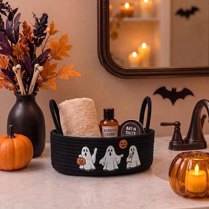 Vesici Halloween Ghost Woven Storage Basket for Toilet Tank Top Black Cotton Rope Bathroom Countertop Organizer Basket with Handle Halloween Bathroom Decor for Bedroom Nursery, 13 x 6 x 4 Inch