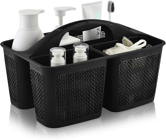 NINU Plastic Black Shower Caddy Basket, Divided Cleaning Portable Shower Basket with Handle Compartments Storage Organizer for Bathroom, College, Kitchen, Dorm Room Essentials