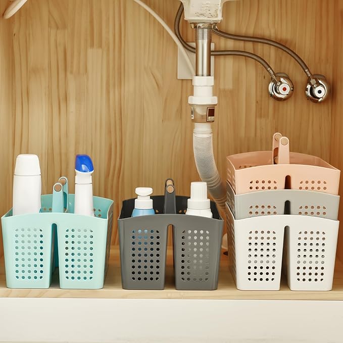 Portable Shower Caddy Basket with Wood Handle, 3-Compartment Bathroom Organizer Tote with Drain Holes, Plastic Shower Basket for Dorm, Toiletries, Cleaning Supplies, Dark Gray
