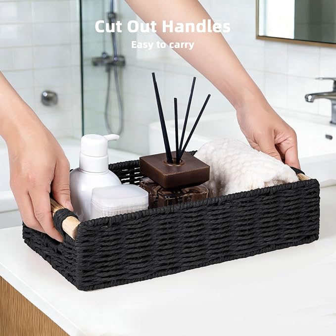 CubesLand Back of Toilet Storage Basket for Organizing w/Cut Out Handle, Handwoven Toilet Tank Top Paper Baskets, Wicker Decorative Basket for Countertop, Home Decor, Living Room, Nursery, Black
