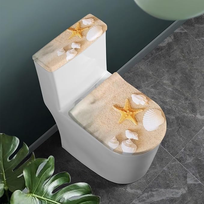 Beach Starfish Toilet Cover Set of 2,Sea Shell Print Toilet Seat Lid Cover Round Elongated and Oblong Lids Portable for Bathroom Decorations