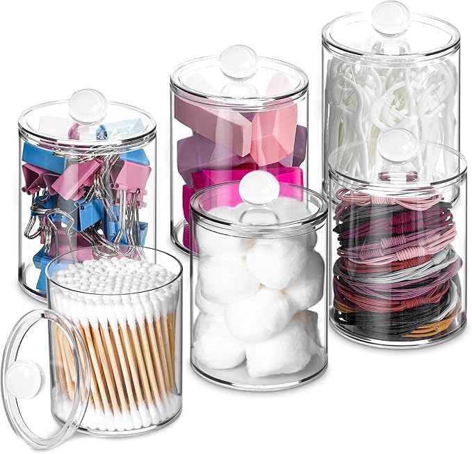 6 Pcs Acrylic Qtip Holder, Cotton Ball Holder Jars with Lids, Clear | Apothecary Jars for Cotton Swabs, Balls, Pads and Floss Picks, Bathroom Vanity Organizer