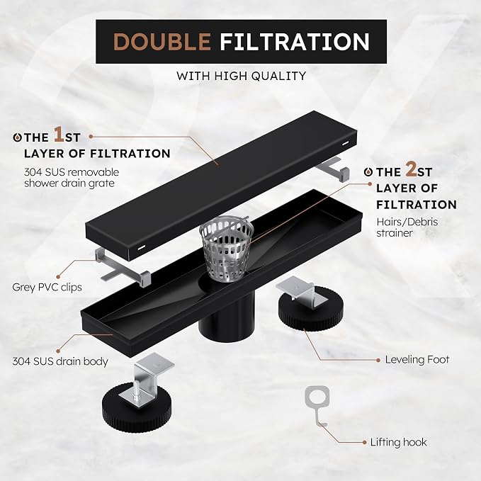 Linear Shower Drain 12 Inch,Modern Rectangle Shower Floor Drain with 2-in-1 Tile Insert Cover, Stainless Steel SUS 304, Linear Drain with Leveling Feet& Hair Strainer