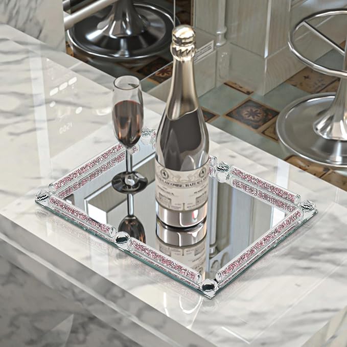 Mirror Perfume Tray for Dresser,Crushed Diamond Filled Glass Vanity Tray,Decorative Bathroom Tray,Crystal Tray for Home Decorative,Party,Hotel Banquet,11.8"x 7.9"x1.2",Pink