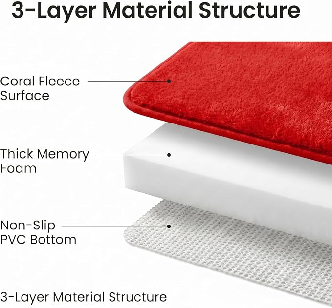 Bathroom Rugs Set 3 Piece, Memory Foam Bath Rugs, Non Slip Washable Bathroom Rug Set, Extra Soft Absorbent Bath Mats with U-Shaped Toilet Rug, Red