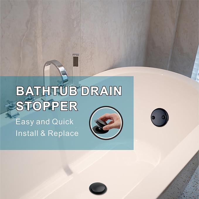Black Tub Drain Stopper,Welsan Universal Pop Up Bathtub Stopper Replacement Tip Toe, Lift and Turn with 2-Hole Overflow Face Plate Cover and EZ Bath Tub Plug Stopper (Matte Black)