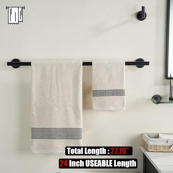 JQK Oil Rubbed Bronze Towel Bar, 24 Inch 304 Stainless Steel Thicken 0.8mm Towel Rack Bathroom, Towel Holder Wall Mount, Total Length 27 Inch, TB110L24-ORB