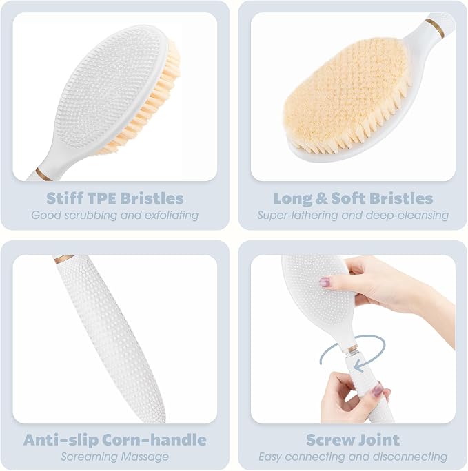 Foot Brush & Back Scrubber Set, 27.5'' Adjustable Foot Scrubber for Shower, 18.9'' Shower Back Scrubber with 3-Length Usage, Great Aid for People with Limited Mobility(White Set)