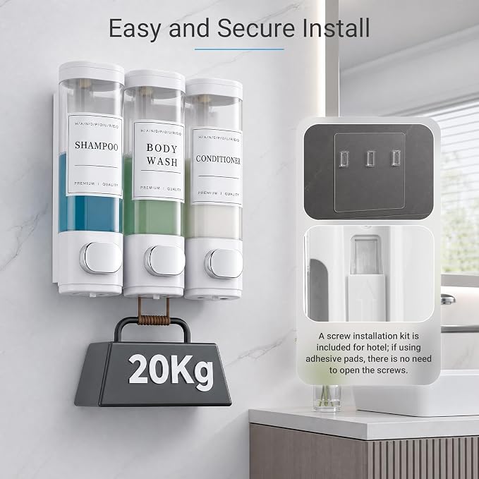 Shampoo and Conditioner Dispenser, Shower Soap Dispenser Wall Mounted, Shampoo Dispenser for Shower Wall No Drill, Bathroom Body Wash Dispenser 3 * 350ml White 3 Chamber