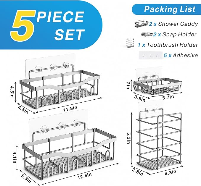 EUDELE 5-Pack Rustproof Stainless Steel Shower Caddy – No Drill Adhesive Bathroom Organizer with Large Capacity, Spacious Shower Shelves for Inside Shower, Kitchen & Home Decor Storage-XL Size