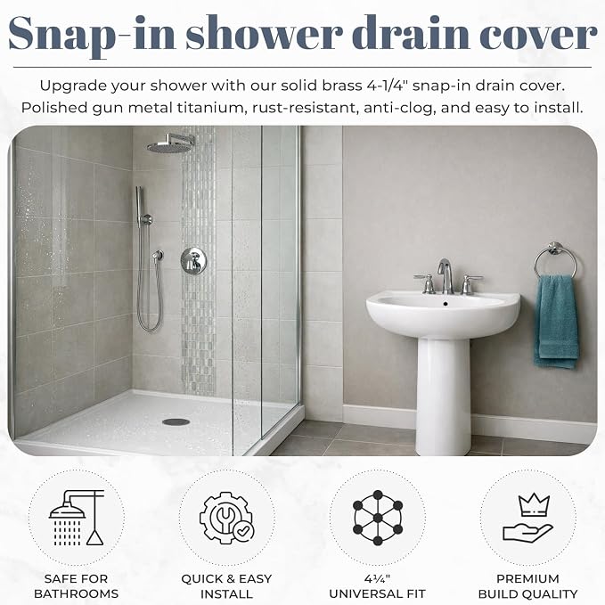 4 ¼” Polished Dark Grey Snap-in Shower Drain Cover - Replacement - 4.25" OD Strainer - Easy Install - Premium Round Shower Drain Cover - Solid Brass Construction - (Titanium/Gun Metal)