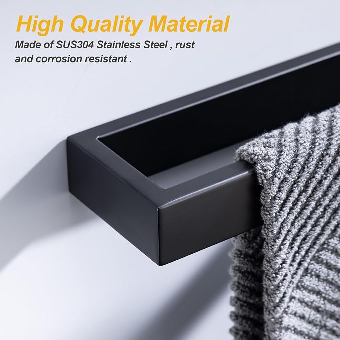 Towel Bar, 9 Inch Hand Towel Holder Wall Mount, Towel Racks for Bathroom Accessories, Stainless Steel Towel Ring Hardware (Matte Black, 2 Pack)