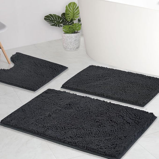Bathroom Rugs Chenille Bath mat 3 Piece Set, Super Absorbent, Strong PVC Non Slip Backing, Bath mats for Bathroom, Plush Shaggy, Thick, Machine Washable, Bathtub, Toilet, Dark Grey