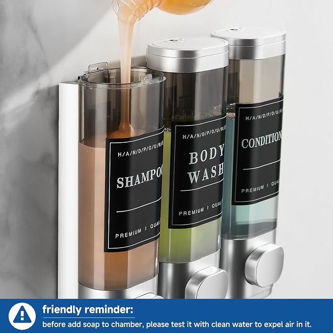 Shampoo and Conditioner Dispenser, Shower Soap Dispenser Wall Mounted, Shampoo Dispenser for Shower Wall No Drill, Bathroom Body Wash Dispenser 3 * 350ml Silver 3 Chamber