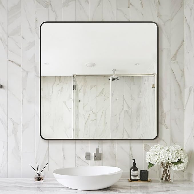 Delma Bathroom Vanity Mirror, Black Framed Mirror for Over Sink, 30x30 | HD glass, distortion-free for makeup and grooming, Sturdy frame, all mounting hardware, hangs horizontal or vertical