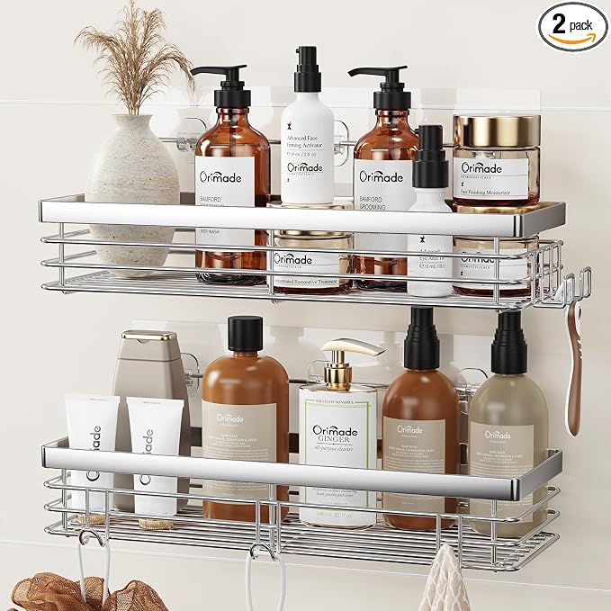Orimade Shower Caddy with 5 Hooks Organizer for Hanging Razor and Sponge Bathroom Basket Adhesive Shower Shelf Storage Kitchen Rack Wall Mounted No Drilling Rustproof Stainless Steel - 2 Pack