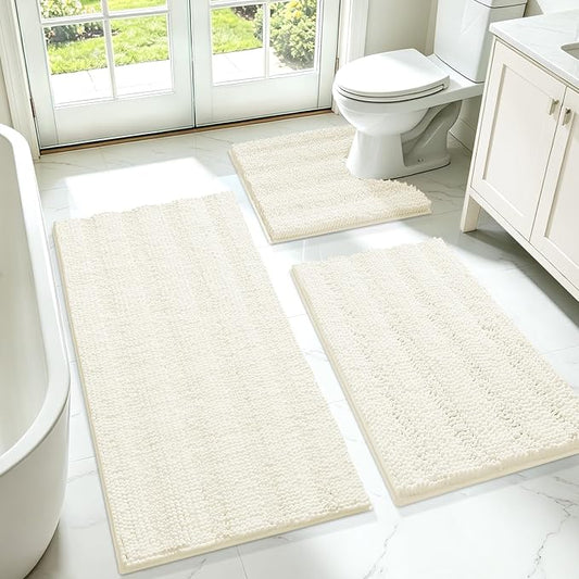 ACCUMTEK Striped Ice Cream Bathroom Rug Set 3 Pieces Ultra Soft, Non Slip Chenille Toilet Mat, Absorbent Plush Shaggy Bath Mats for Bathroom, Bedroom, Kitchen