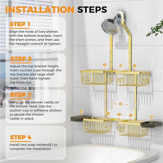 Adjustable Aluminum Shower Caddy Hanging for Handheld Showerhead, Gold | Rustproof Aluminum, Shower Organizer, Anti-Slip, Quick-Drain Shelf, 40lbs Capacity, Suction Cups, 8 Hooks, Razor Soap Holders