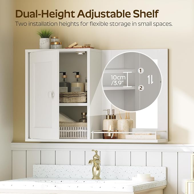 YATINEY Medicine Wall Cabinet with Mirror, Bathroom Mirror with Storage, Medicine Cabinet Mirror, Wall Mounted Home Storage, Adjustable Shelf, for Laundry Room, Bedroom, Camper, Hallway, White