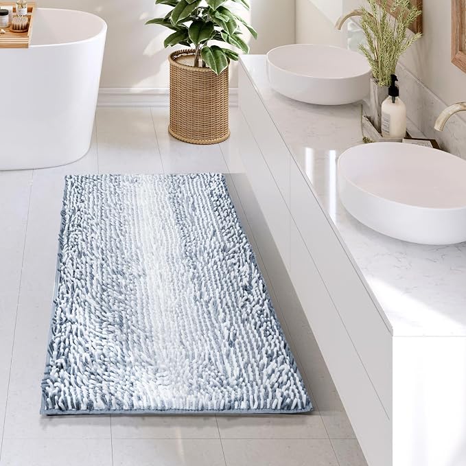 Hearth & Harbor Bathroom Rugs, Chenille Bath Mat - Machine Washable Bath Mats for Bathroom Non-Slip Backing Rubber, Quick Dry Bathroom Mat, 24 x 36 - Ombre Blue
