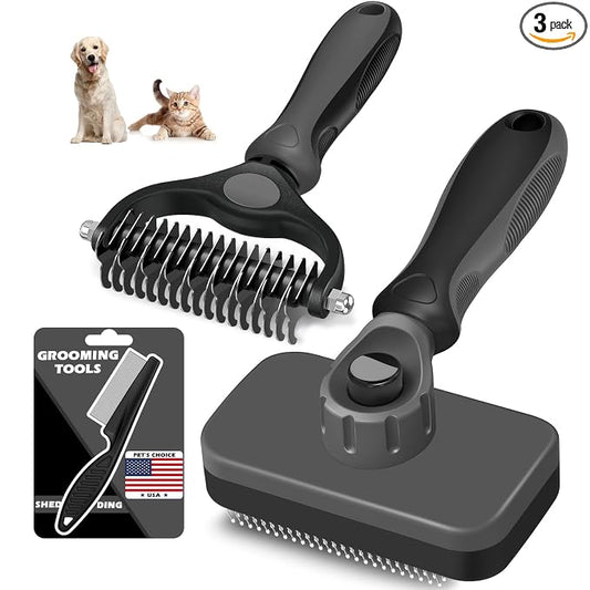 Professional 3PCS Self Cleaning Slicker Brush & Pet Grooming Rake & Flea Comb for Dogs,Cats and Horses | Double-Sided Dematting Comb & Skin Friendly Deshedding Grooming Tool | Pet Supplies (Grey)