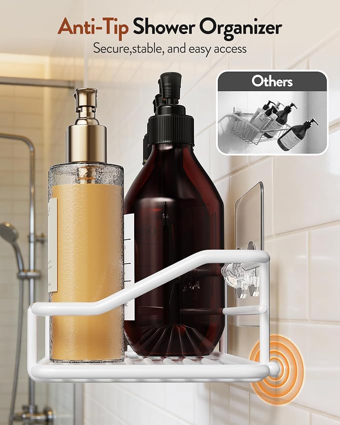 Orimade Bathroom Shelf Organizer Shower Caddy Storage Kitchen Rack with Traceless Transparent Adhesive No Drilling SUS304 Stainless Steel, 15.75inch, White