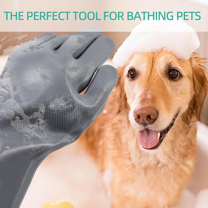 Dog Washing Gloves- Long Sleeved Pet Grooming Gloves - Heat Resistant Silicone Gloves with High-Density Teeth - Efficient Deshedding Glove for Dogs, Cats, Rabbits and Horses