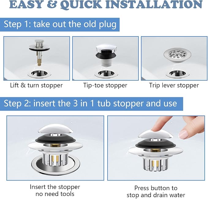 Universal 3 in 1 Bathtub Drain Stopper Bathtub Drain Hair Catcher, Pop-up Tub Stopper with Effective Filter Basket, Anti-Clogging Bathtub Drain Plug Bath Tub Stoppers for 1.45-1.8" Drain Shoe
