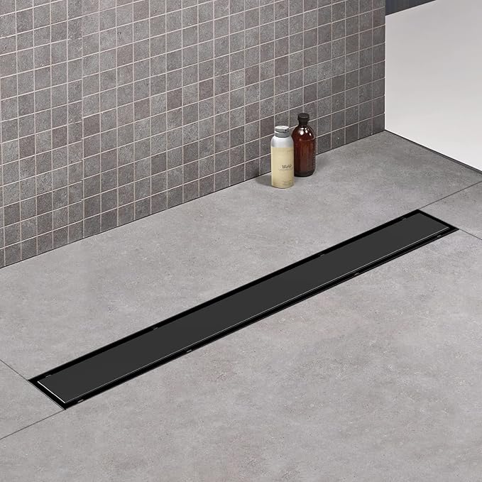Linear Shower Drain, 72 inch Black Drain with Tile Insert 2-in-1 Panel, Brushed 304 Stainless Steel Shower Floor Drain, Linear Drain with Hair Strainer and Adjustable Feet