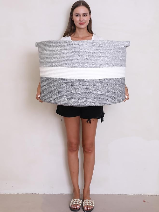 24" x 24" x 17" Mega Size Extra Large Storage Basket, Cotton Rope Storage Baskets, Woven Hamper, Cloth Storage Bin, for Clothes Blanket, Dual Grey