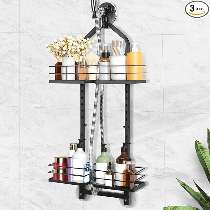 Shower Caddy Hanging for Handheld Showerheads Adjustable Hagging Shower Caddy, Stainless Steel Hose Hanging Shower Organizer 4 Levels Height Shower Rack（black