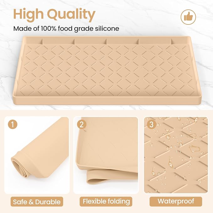 Mateeylife Under Sink Mats for Kitchen Waterproof 31"X22", Undersink Protectors，Silicone Mat Cabinet Liner, Under Sink Organizer for Bathroom and Kitchen，Boot Tray Pet Food Mat, Beige