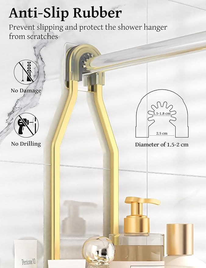 Never Rust Shower Caddy Hanging, Aluminum Shower Racks for Inside Shower, 3-Tier Shower Organizer Hanging Over Shower Head with Hooks and Soap Holder, Gold