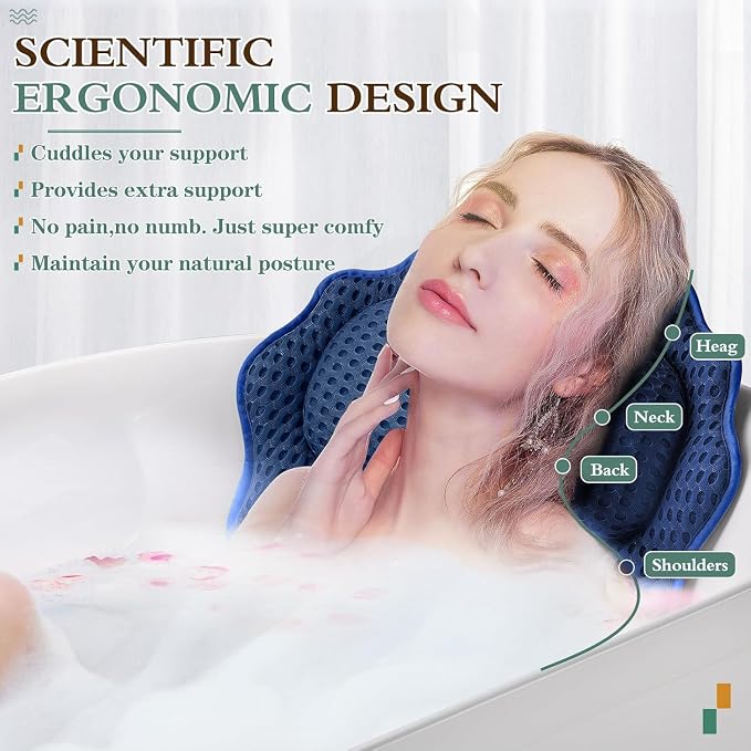 Bath Pillow RUVINCE Ergonomic Luxury Bathtub Pillow with Head,Neck, Shoulder and Back Support, 4D Bath Pillows for tub with 6 Powerful Suction Cups, Fits All Bathtub, Spa Tub, Hot Jacuzzi (Dark Blue)