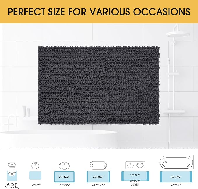 ACCUMTEK Upgrade Luxury Grey Bathroom Rug Mat Gray 32"x20", Ultra Soft Thick Absorbent Bath Mats, Non Slip Chenille Toilet Mat for Bathroom, Bedroom, Kitchen, Shower, Tub, Charcoal