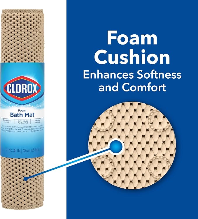 Duck Brand Clorox Cushioned Foam Bath Mat for Tubs, Non-Slip with Suction Cups, 17 Inches x 36 Inches, Taupe
