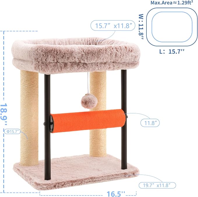 Hey-brother Cat Tree, Sturdy Tower with Sisal-Wrapped Columns, MPJ010SMU | 18.9 Inches Cats Scratching Posts with Bed, Plush Toy Ball for Indoor Kittens, Muchroom