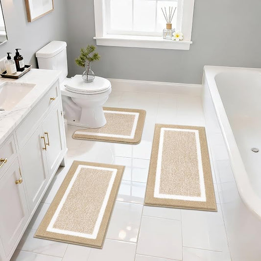 Pauwer 3 Piece Bathroom Rug Set, Non Slip Washable Bath Mat, Beige | Soft Plush Microfiber, Super Absorbent Floor Carpet, U Shaped Toilet Mats, Quick Dry, Shaggy Shower Rugs Runners