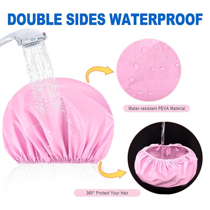 6 PCS Shower Capsfor Women, Reusable Waterproof Bath Caps | Double Side PEVA, Bath Accessories, Spa, Travel, Environmental Protection - Black White Pink Yellow Brick Red Dark Green