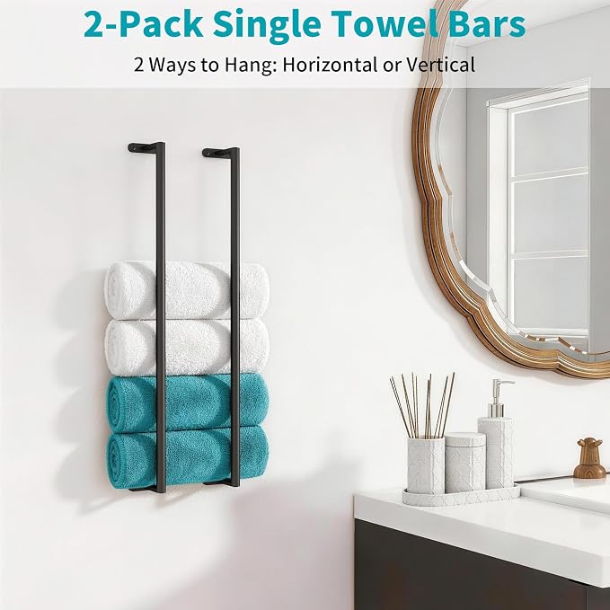 2-Pack Matte Black Bathroom Towel Bar, 24-Inch Towel Racks for Bathroom Wall Mounted, Heavy Duty Towel Rod Holder Mordern Home Decor