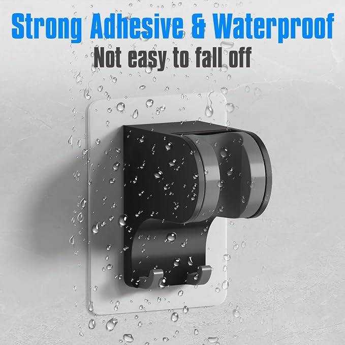 JONKEAN Shower Head Holder Without Drilling, 3m Handheld Shower Head Holder Adhesive, 50°Adjustable Shower Wand Holder Wall Mount, Shower Head Bracket with Hook (Black, 1 Pack)