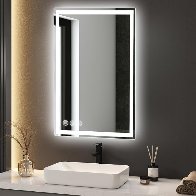 Memobarco 24" x 36" LED Bathroom Mirror with Lights, Memory Vanity Mirror | Anti-Fog, 3 Color Modes, Dimmable, Front Lit, Memory Function, Tempered Glass, Lighted Bathroom Mirror for Wall