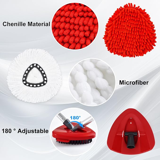 Mop Heads Replacement Compatible with O-Cedar EasyWring 1-Tank System, Includes 2 Microfiber + 2 Chenille Refills + 1 Scrub Brush + 1 Spin Mop Base for Hard Floor Cleaning