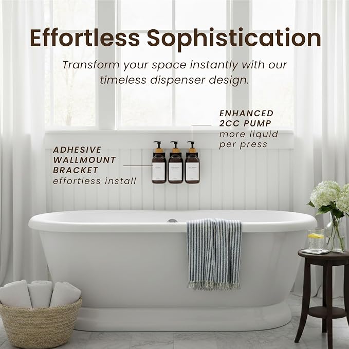 MaisoNovo Shampoo and Conditioner Dispenser|Refillable Amber Bamboo 3-Pack | 500 ml Shower Gel Dispenser Set of 3. Refillable Shampoo and Conditioner Bottles. Drill Free Secure Design. Amber Bamboo